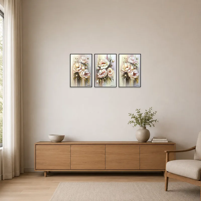 Sleek floral triptych enhances the simplicity of a minimalist space.
