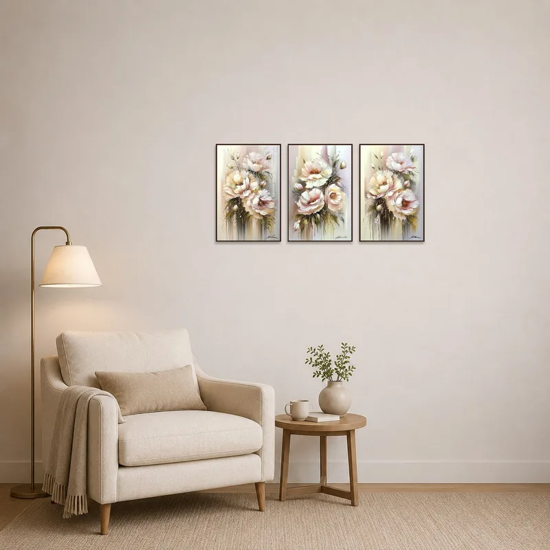 Elegant floral artwork adorns the wall of a cozy reading corner.