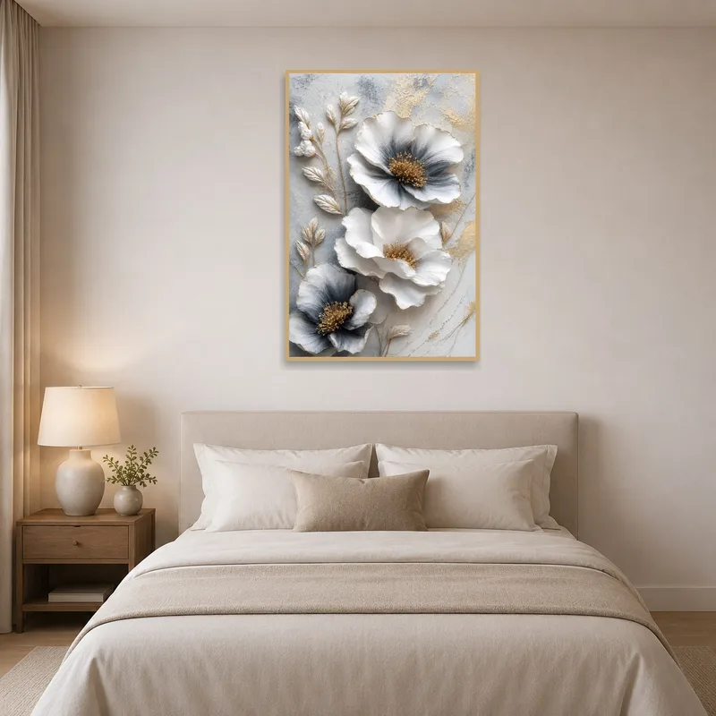 A bedroom with floral textured art harmonizing with soft bedding.