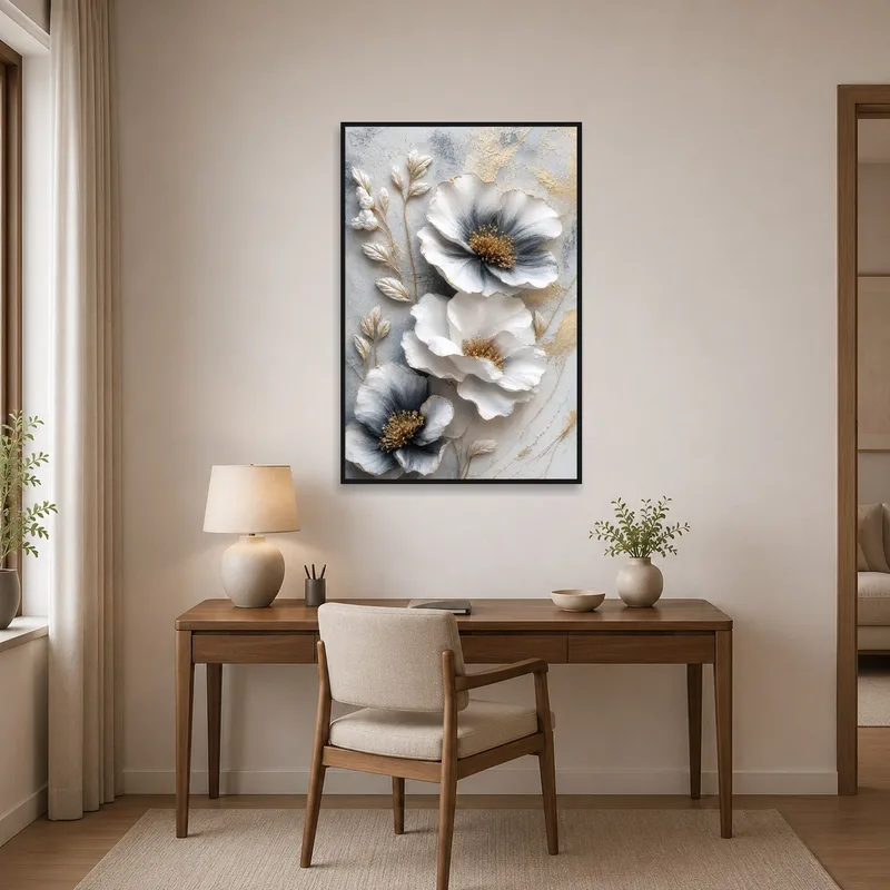 A home office where floral art provides a soothing backdrop.
