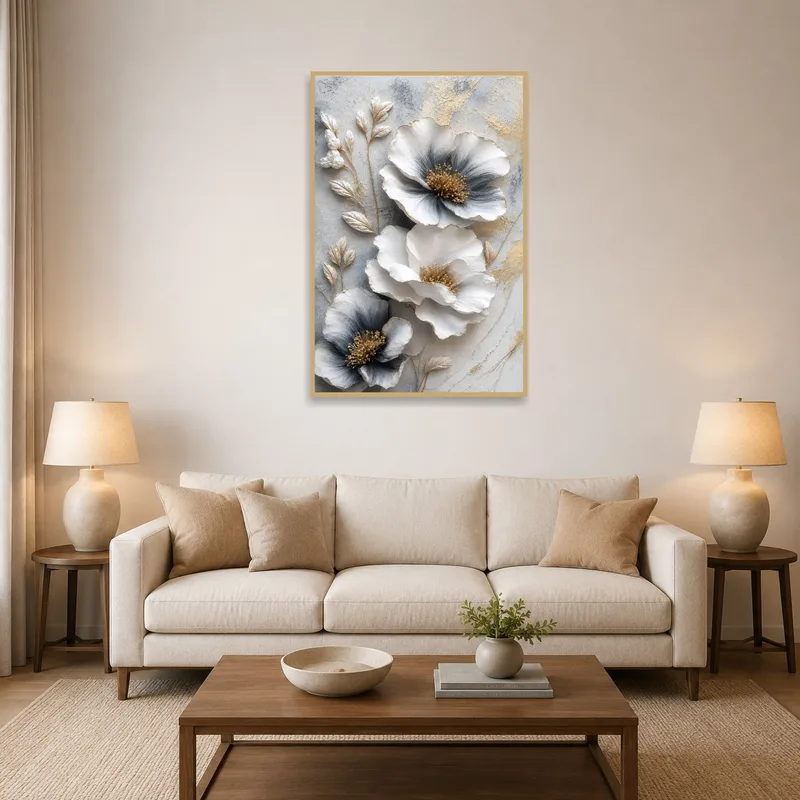 A living room with a neutral floral artwork above a cozy sofa.
