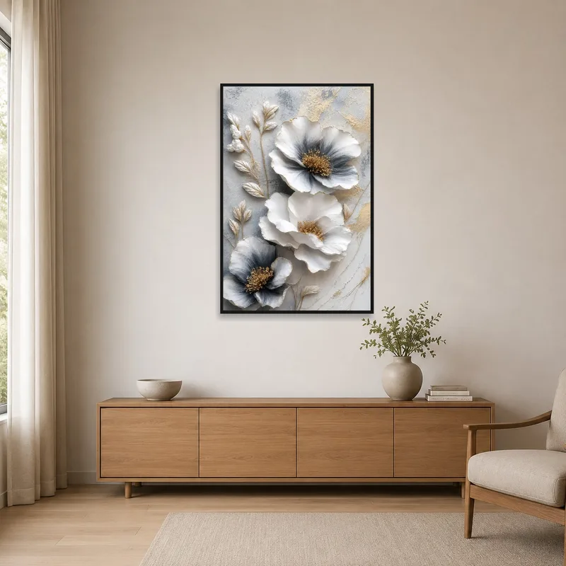 A minimalist room featuring a floral artwork on a white wall.