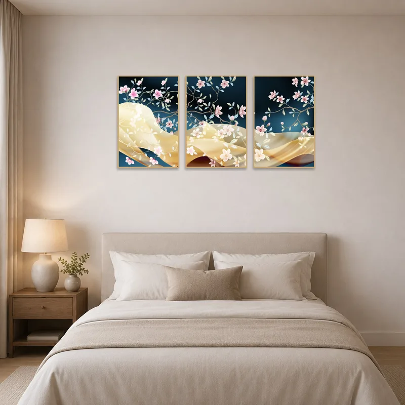 Triptych with elegant flowers enhances the serenity of a stylish bedroom.