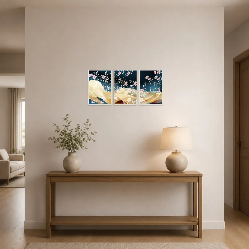 Elegant triptych with soft waves greets visitors in a sophisticated entrance hall.