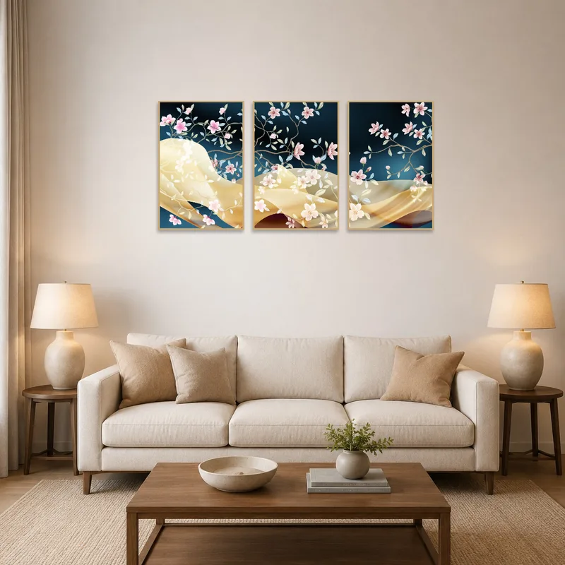 Large floral triptych with blossoms adds charm above a contemporary living room sofa.