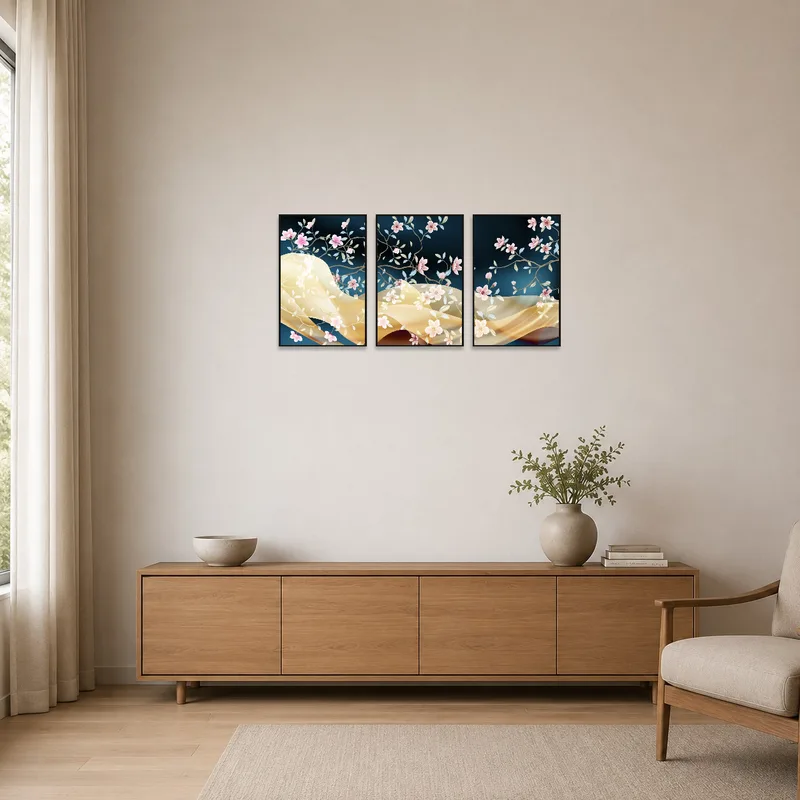 Simple floral triptych complements the clean lines of a minimalist space.