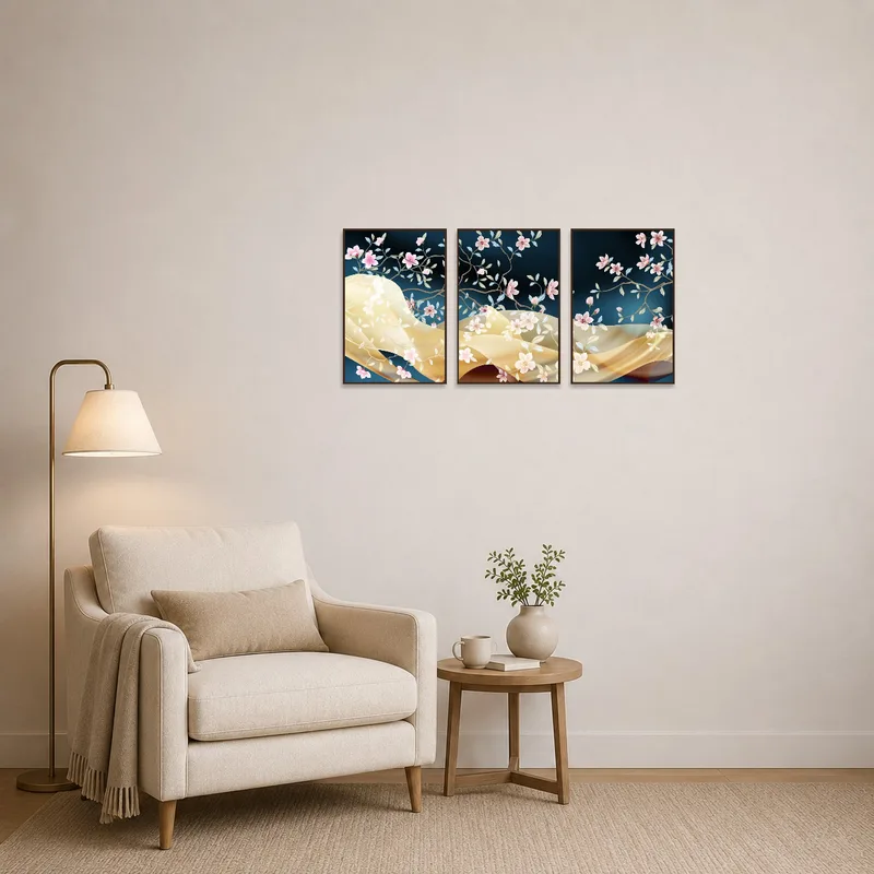 Floral triptych with blossoms provides a soothing backdrop in a cozy reading corner.