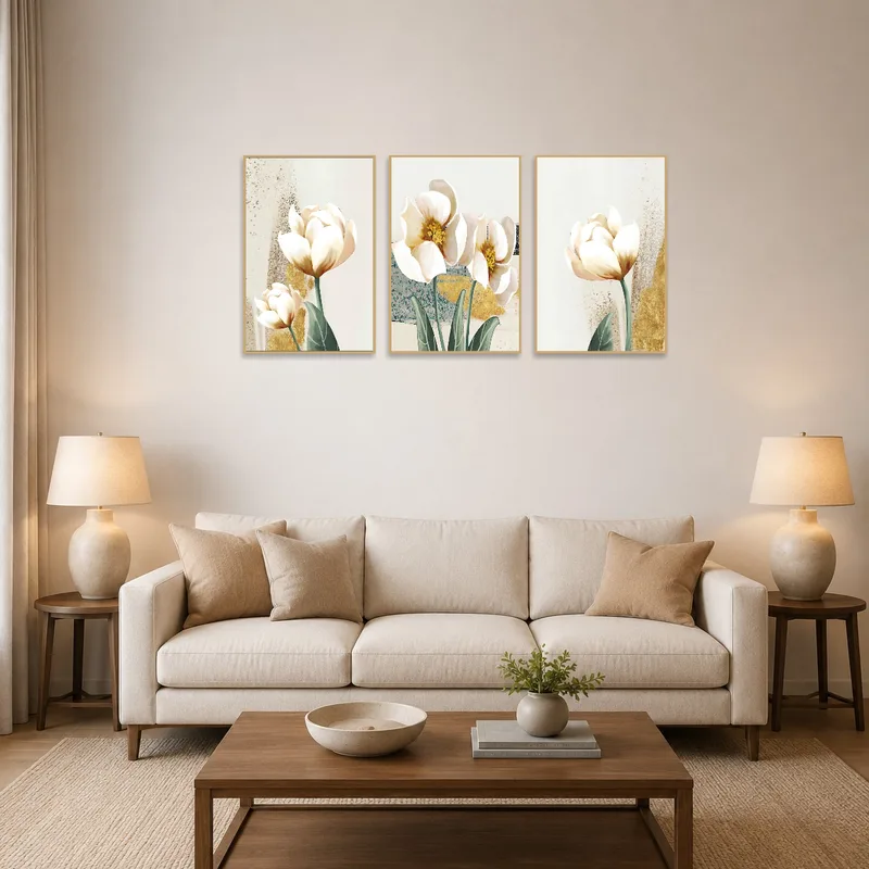Elegant floral triptych with soft gold and ivory hangs on the living room wall, enhancing the cozy space.