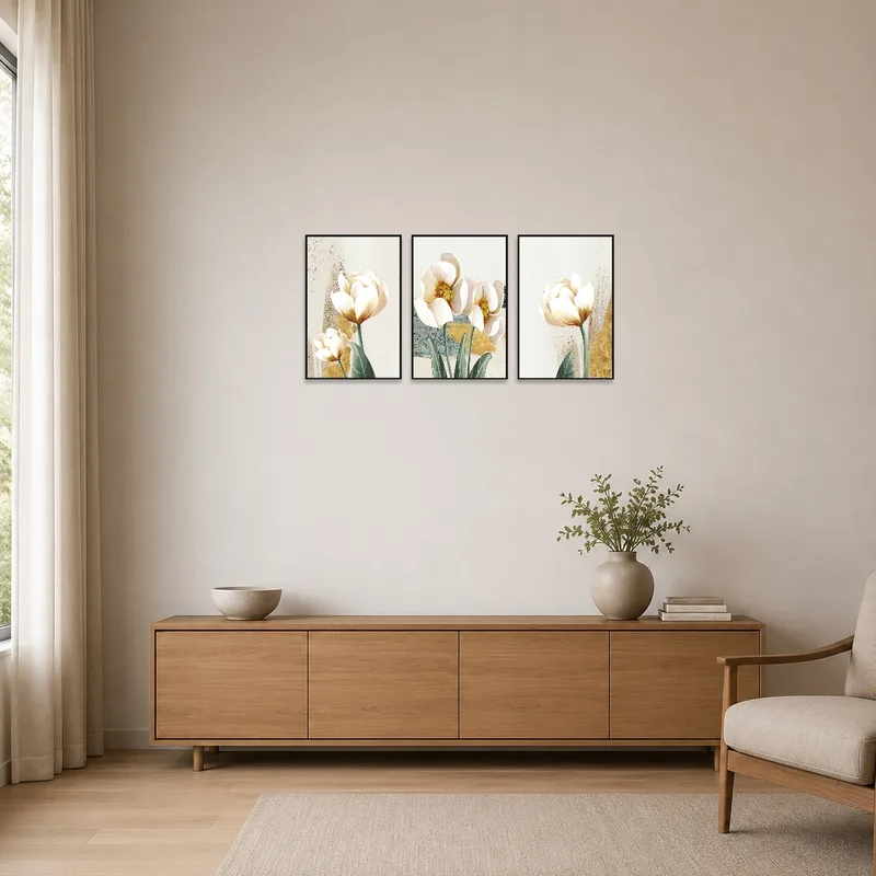 Minimalist room featuring a floral triptych in soft gold and ivory, adding subtle elegance to clean lines.