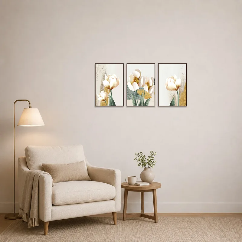 Reading corner brightened by a floral triptych in soft gold and ivory, creating a warm and inviting atmosphere.