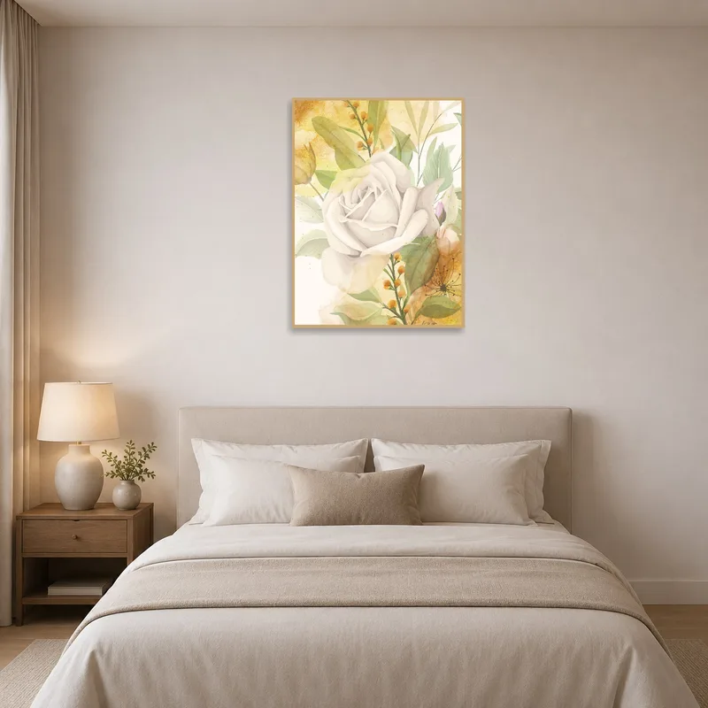 Elegant floral watercolor art print bringing serenity to a bedroom.