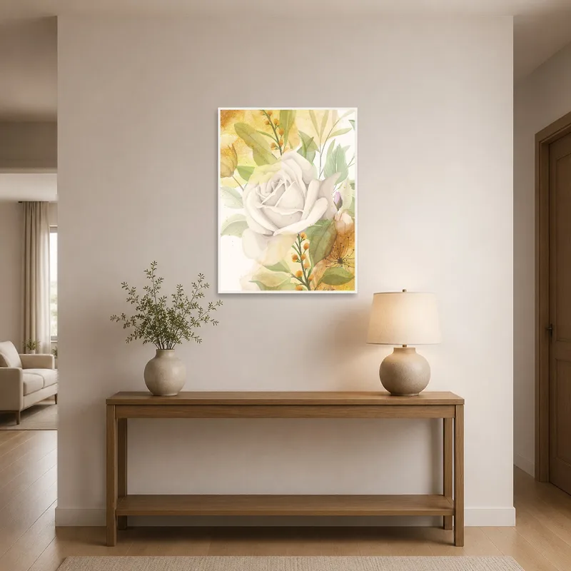 Elegant floral watercolor art print greeting visitors in the entrance hall.