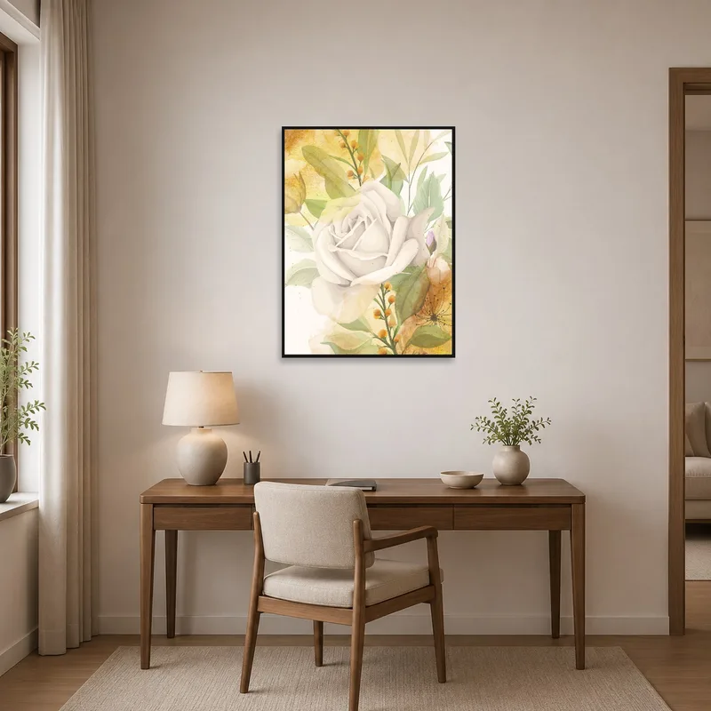 Elegant floral watercolor art print providing inspiration in a home office.