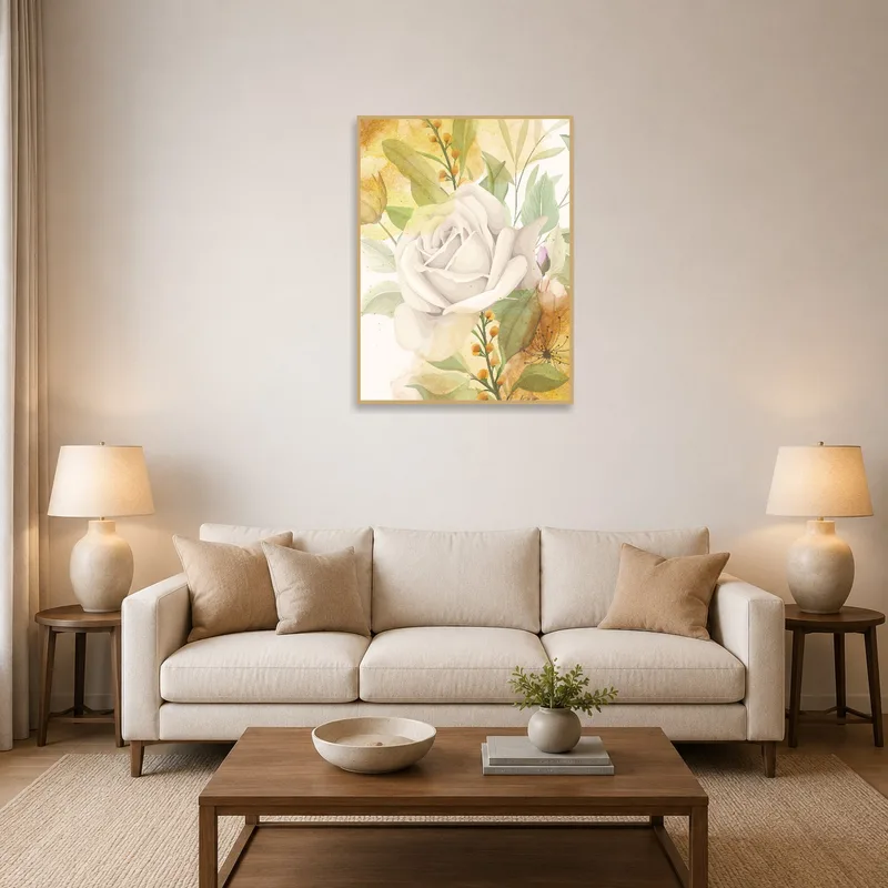 Elegant floral watercolor art print in a cozy living room setting.