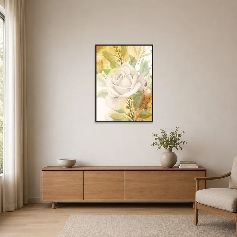 Elegant floral watercolor art print adding charm to a minimalist room.