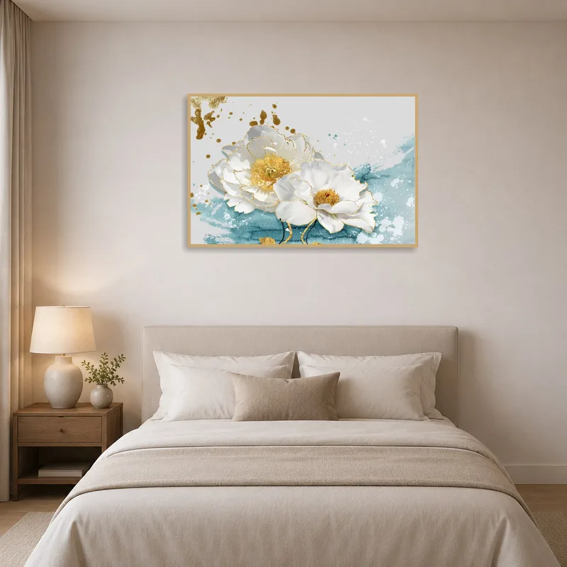 Bedroom features a floral watercolor with subtle gold touches.
