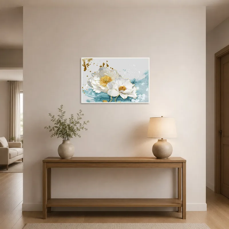 Floral watercolor brightens the entrance hall with golden details.
