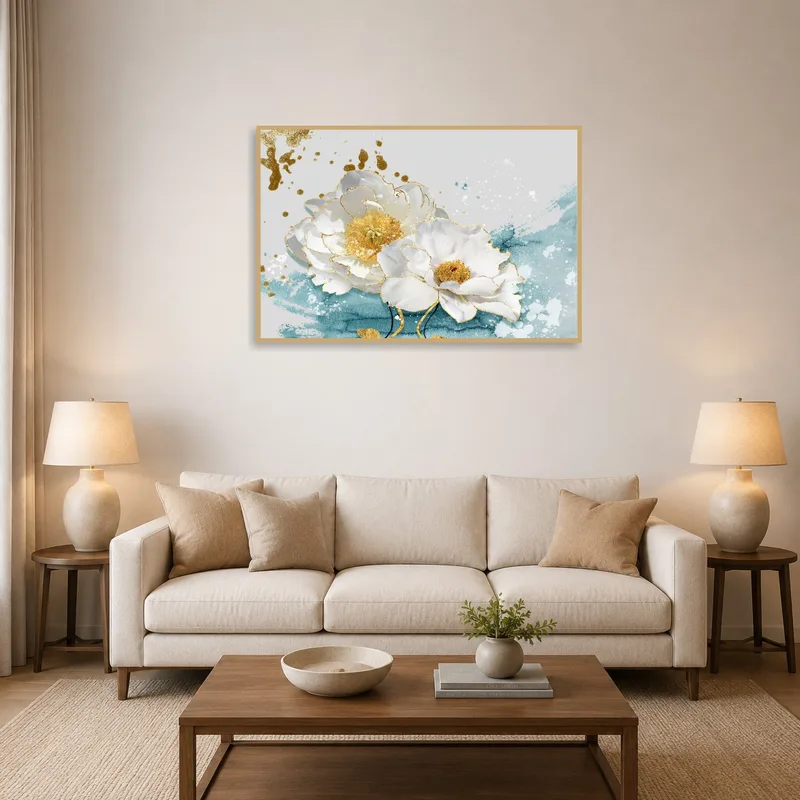 Elegant floral watercolor hangs above a cozy sofa in the living room.