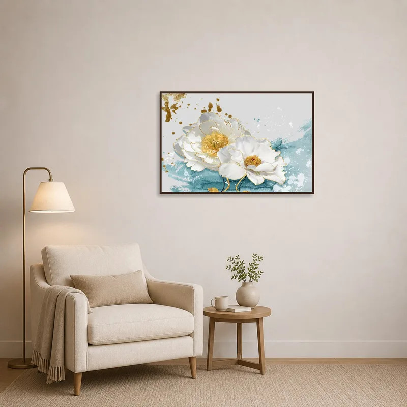 Watercolor with florals and gold brings warmth to a reading corner.
