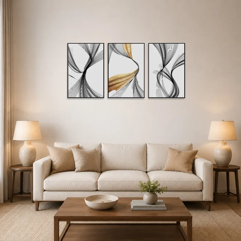 Modern abstract triptych on a living room wall with comfortable seating.