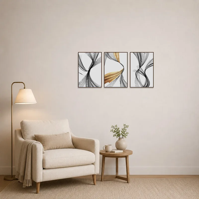 Contemporary abstract triptych adding character to a cozy reading corner.