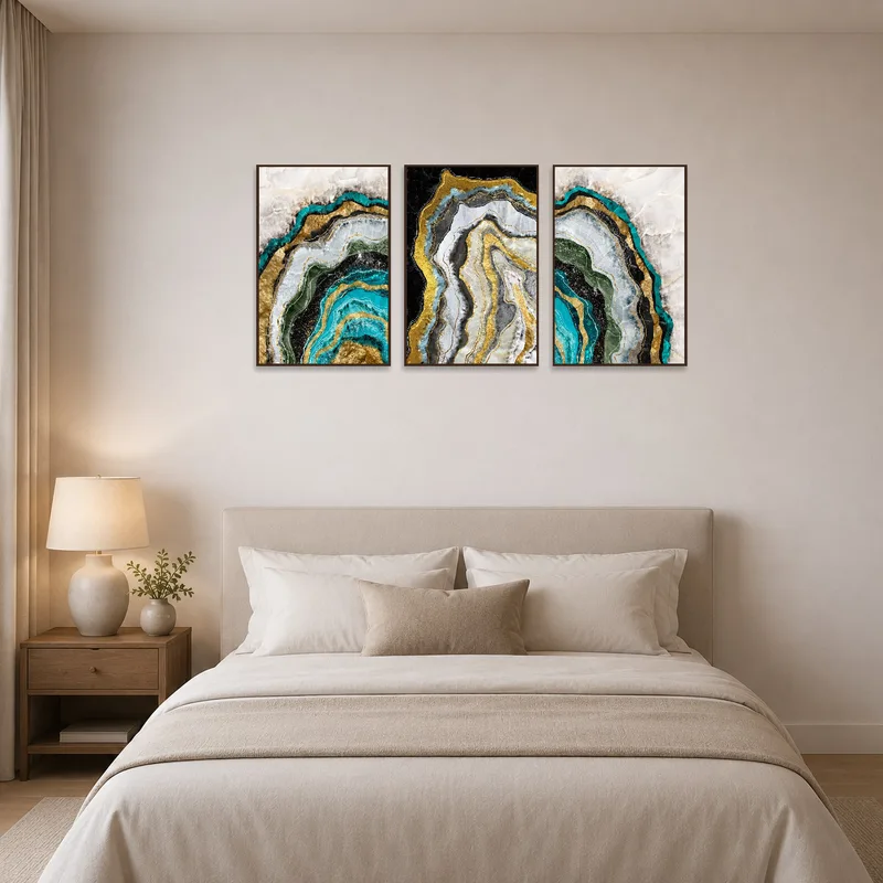 Elegant geode trio adds charm to a bedroom above the headboard.