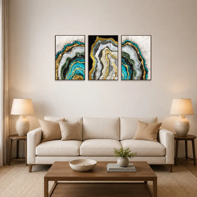Geode art set on a living room wall near a cozy seating area.