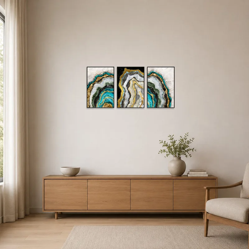 Abstract geode trio displayed in a minimalist room with clean lines.