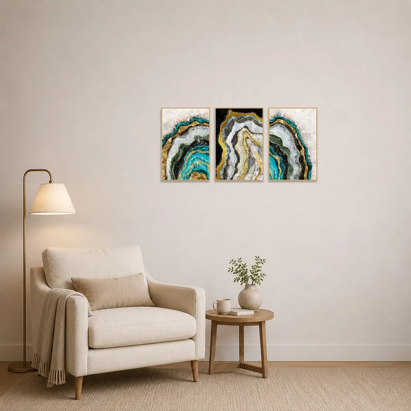 Soft geode art trio complements a serene reading corner.