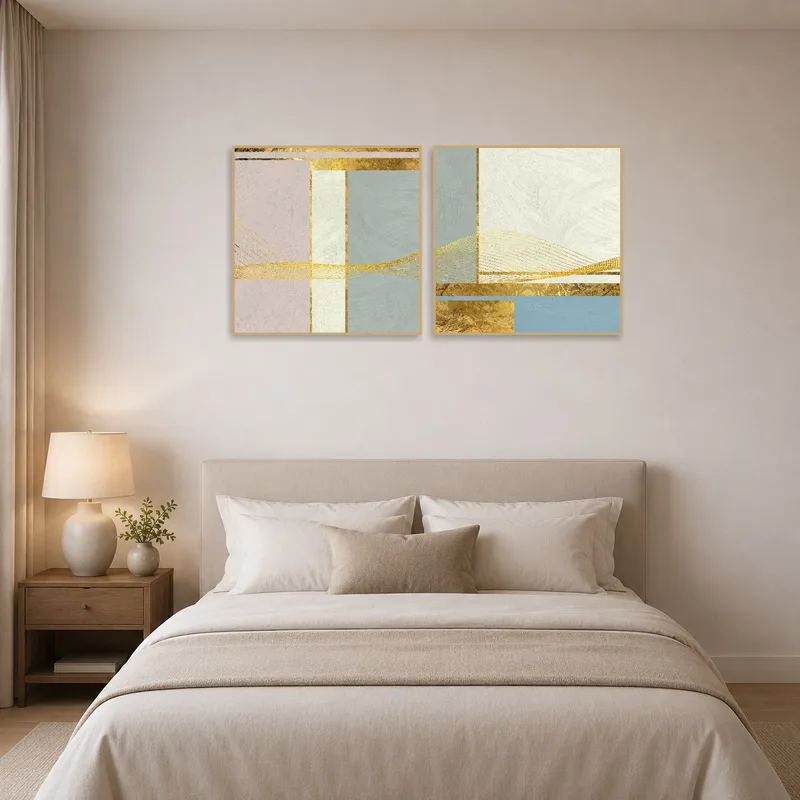 Serene bedroom setting complemented by a calming geometric abstract art set in gold and pastel.