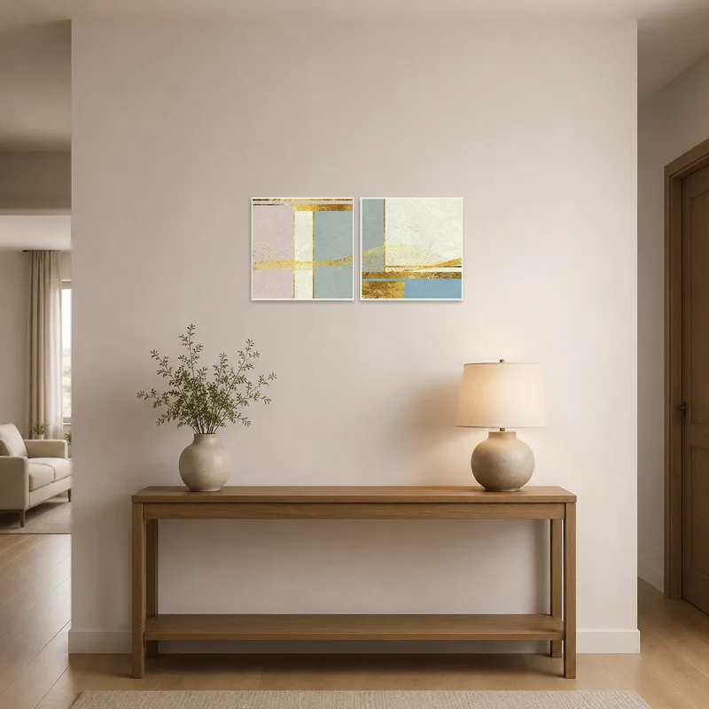 Entrance hall brightened with a set of gold and pastel geometric abstracts greeting visitors.