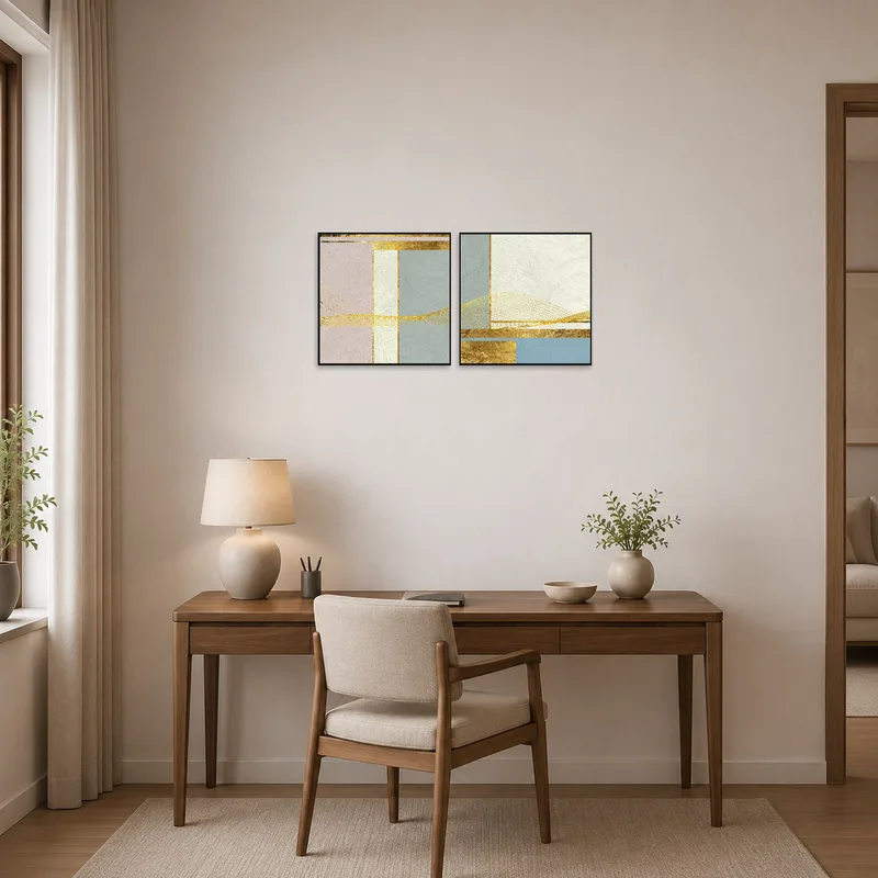 Home office wall features a vibrant set of geometric shapes in gold and pastel tones.