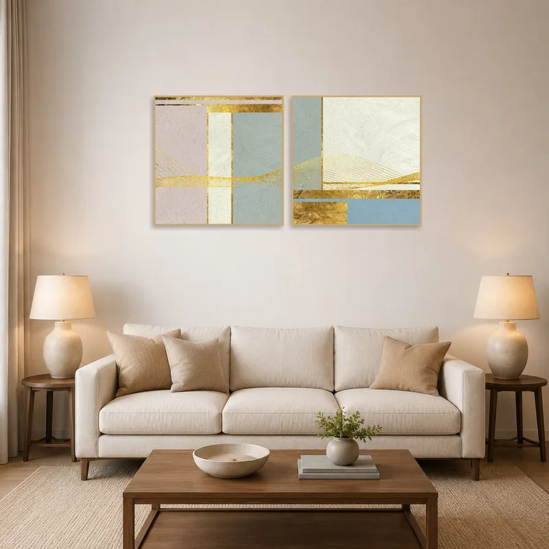 Elegant geometric abstract art set in gold and pastel adorns a stylish living room wall.
