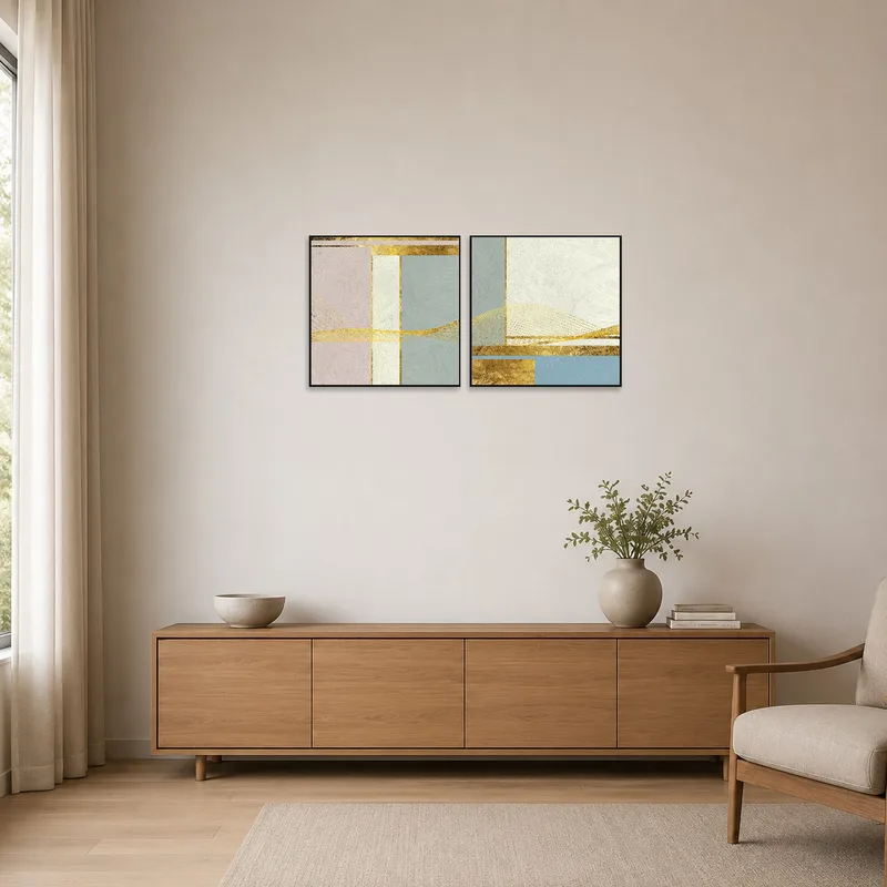 Minimalist space accented by gold and pastel geometric shapes providing a subtle touch of elegance.
