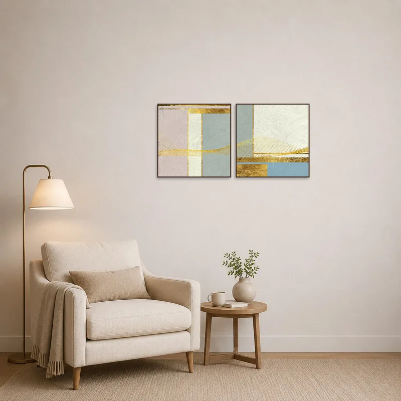 Reading corner enhanced by soothing geometric patterns in gold and pastel hues.