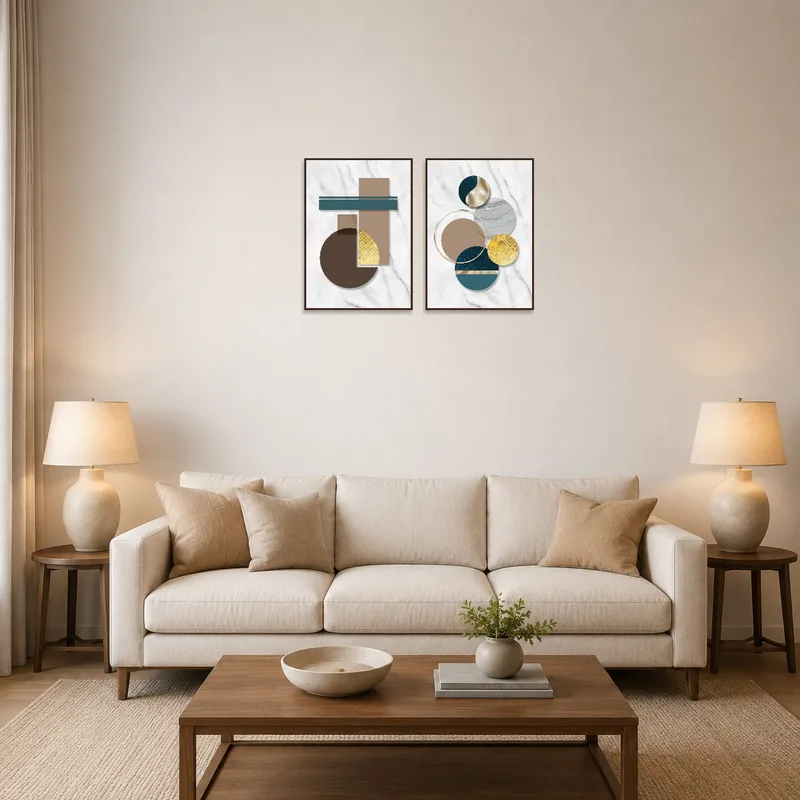 Elegant geometric abstract art set displayed above a modern sofa in a cozy living room.