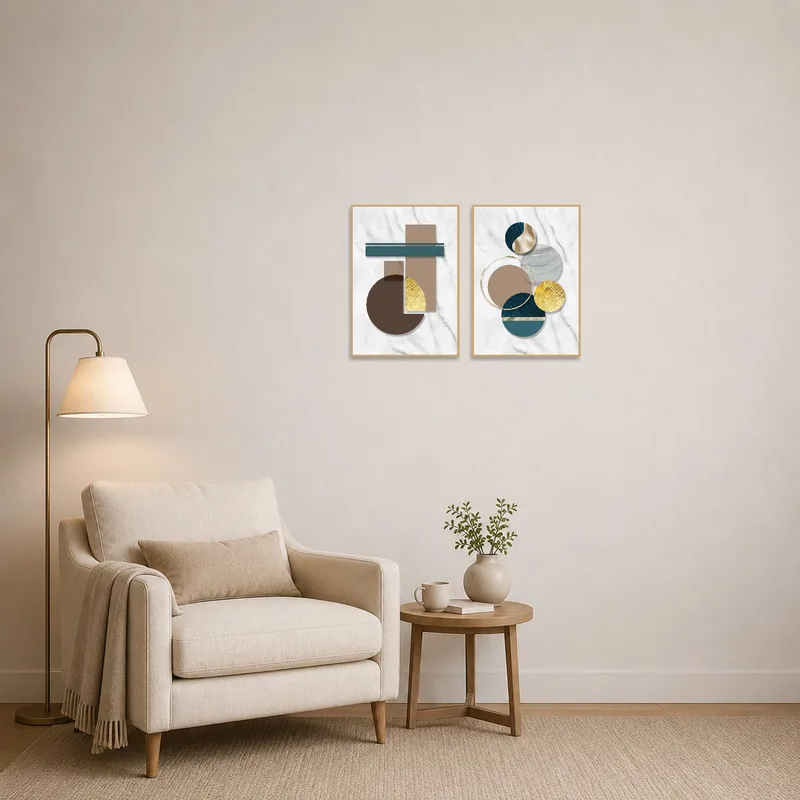Elegant geometric art set providing visual interest to a reading corner with a comfy chair.