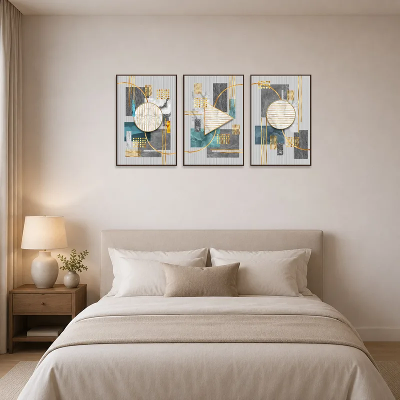 Geometric triptych art set creates a serene atmosphere in the bedroom.