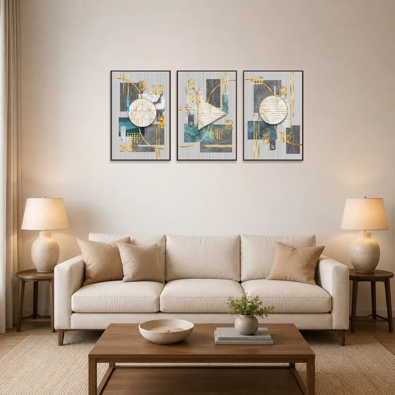 Geometric abstract triptych art adds sophistication above the living room couch.