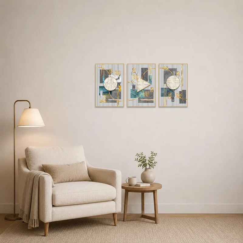 Geometric abstract art set brings contemporary style to the cozy reading corner.
