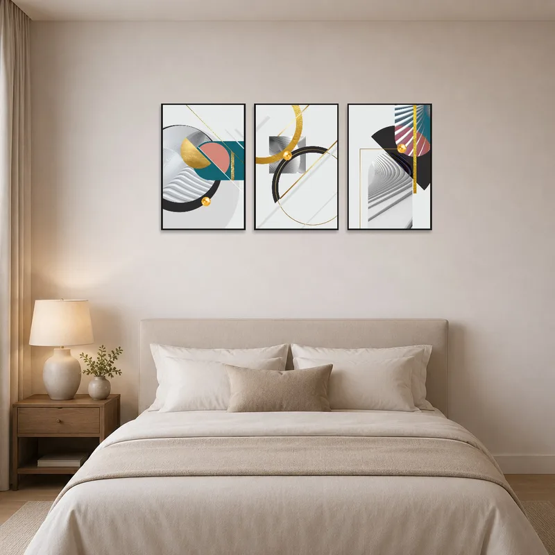 Geometric abstract triptych set brings a sophisticated vibe to the bedroom wall above the bed.