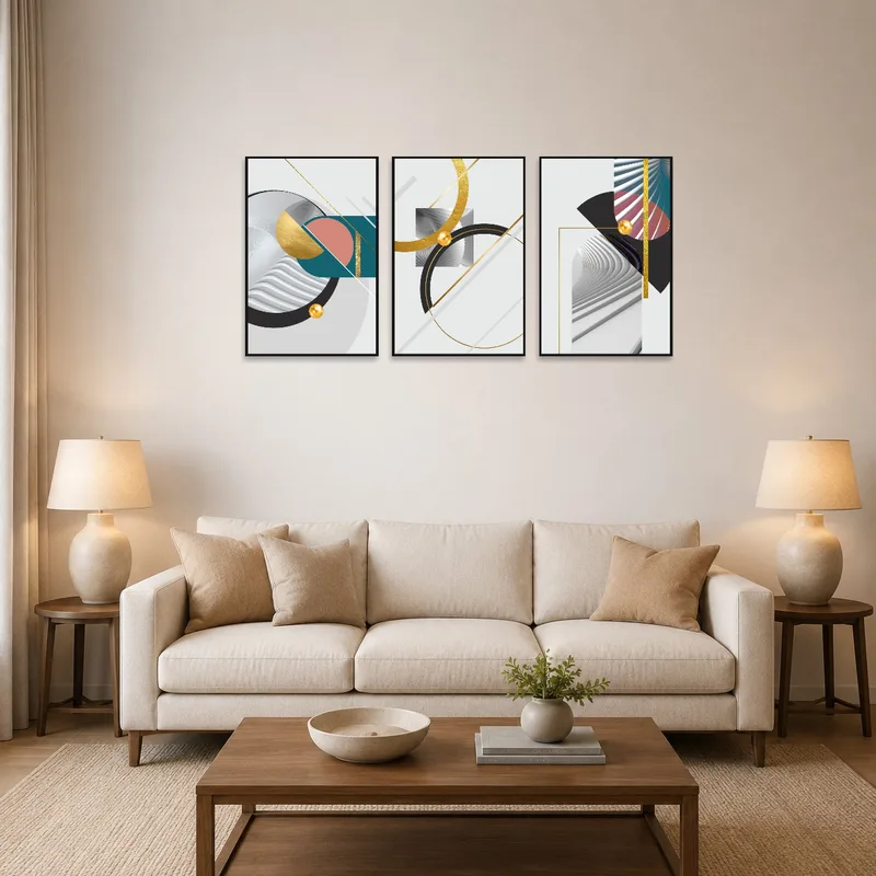A geometric abstract triptych set adds elegance to a living room wall above a modern sofa.