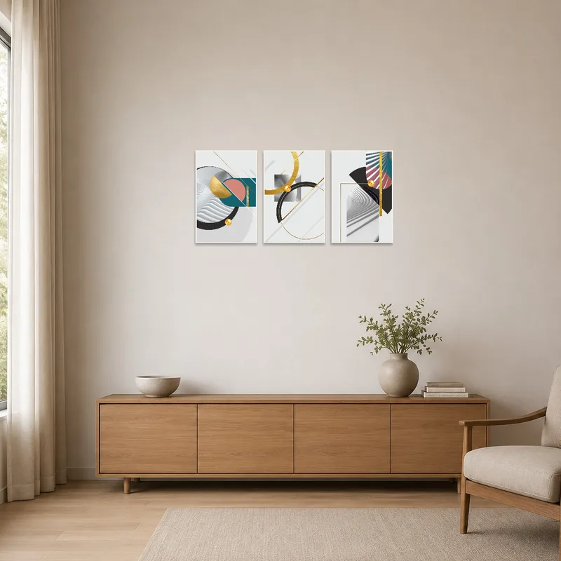 The abstract triptych set enhances the minimalist room's clean white walls with geometric designs.