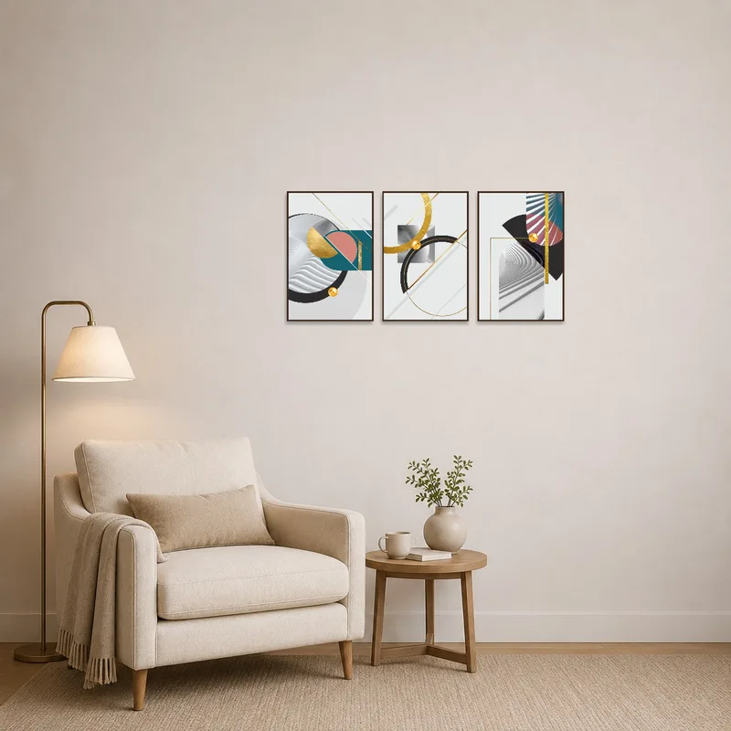 The reading corner's ambiance is elevated by the triptych set's intricate geometric patterns.