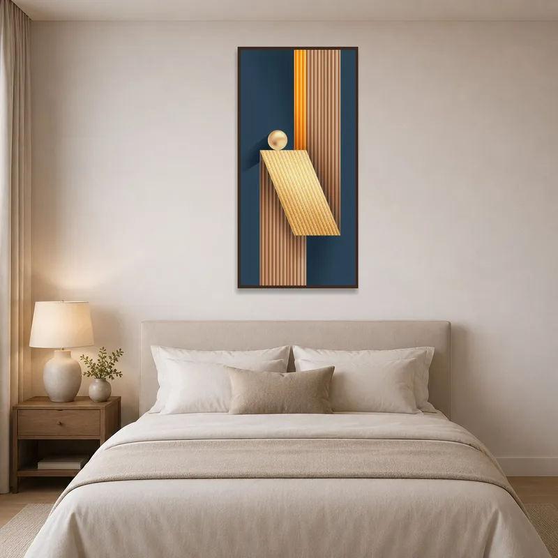 Bedroom wall with warm-toned geometric art creating a soothing ambiance.
