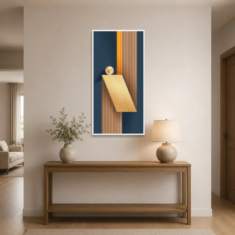 Entrance hall featuring geometric abstraction artwork in warm colors.
