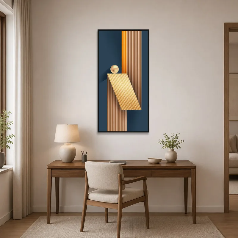 Home office with geometric abstraction art offering a warm, modern vibe.