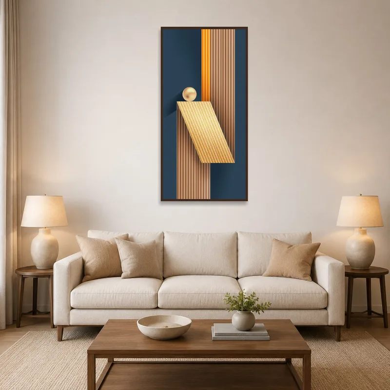 Geometric art with warm hues on a living room wall over a modern sofa.