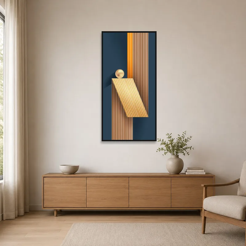 Minimalist room with geometric art in warm hues adding a stylish touch.