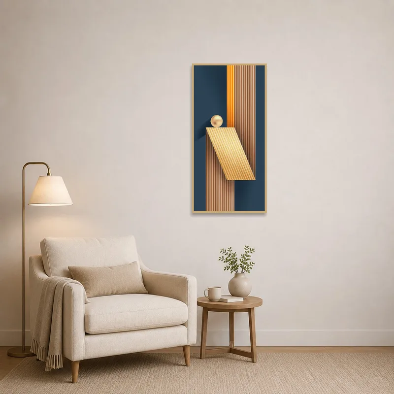 Reading corner adorned with warm-hued geometric art enhancing the space.